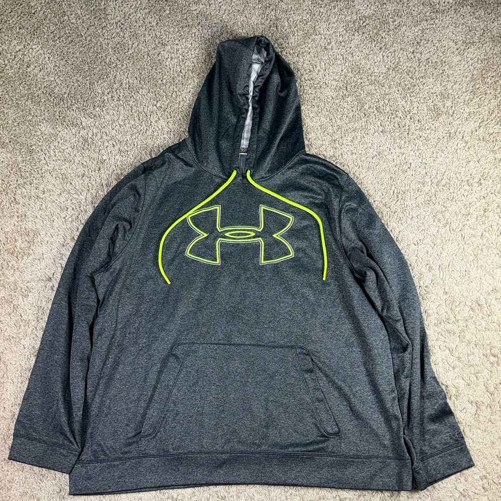 EUC Mens Under Armour Loose Storm Fleece Gray/Neon Camo Pullover Hoodie Size XXL